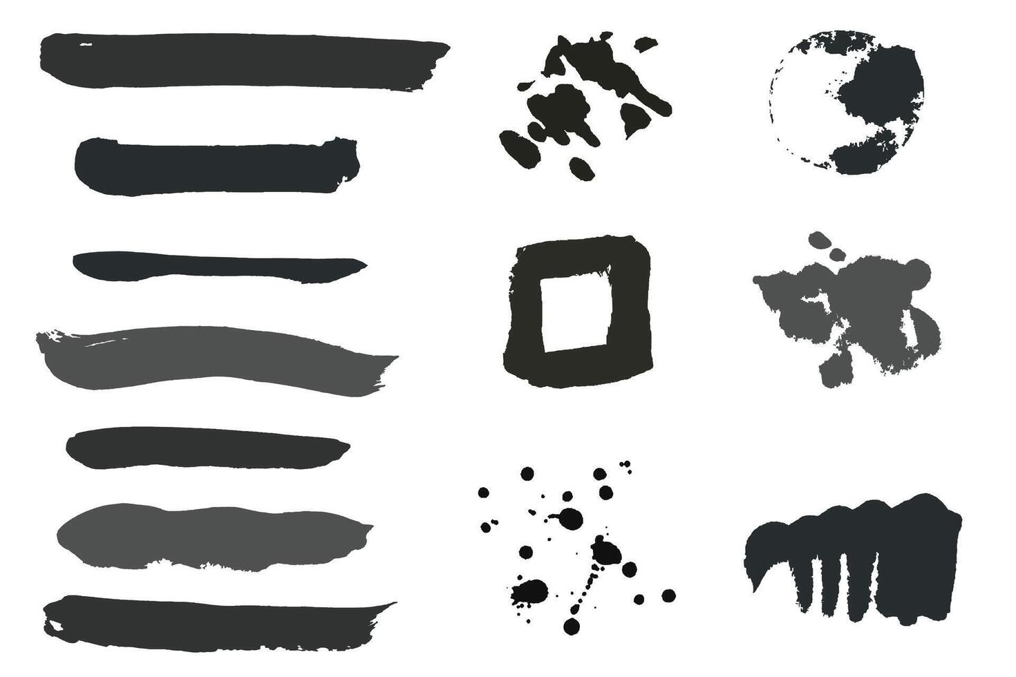 Dark paint brush strokes and splashes set. Monochrome design elements each isolated on white background. vector