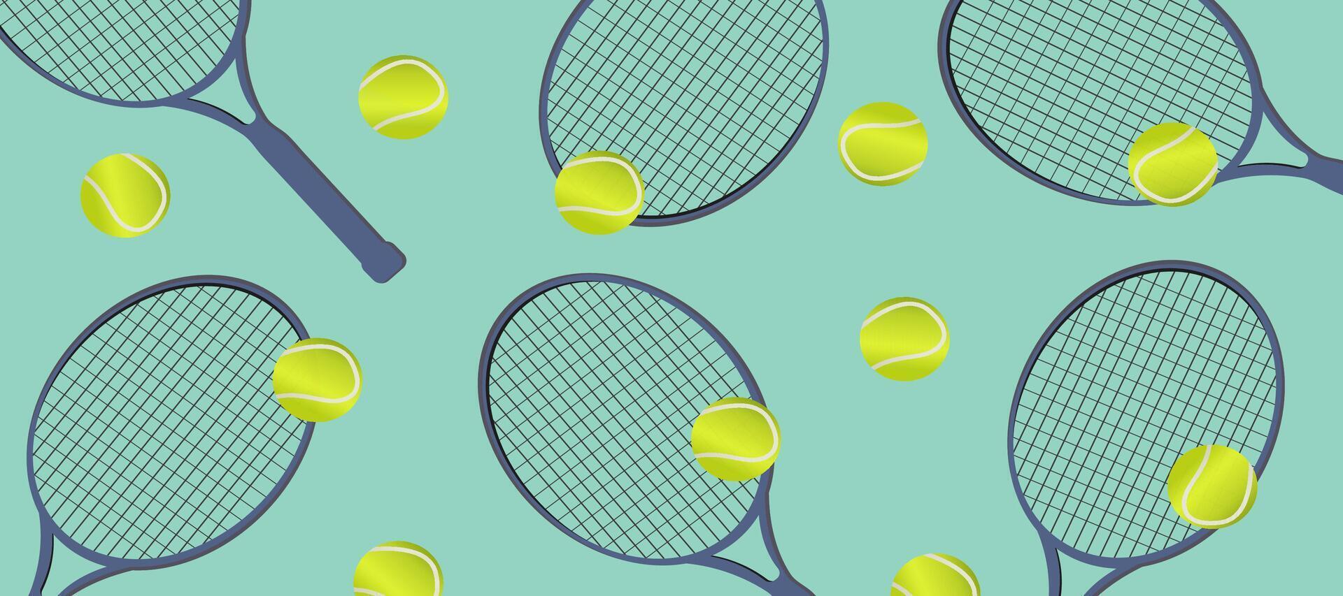 Tennis racket and ball horizontal banner on green background. Classic tennis game, class or match concept. Sport design for cover, advertisement, poster, app, web. vector
