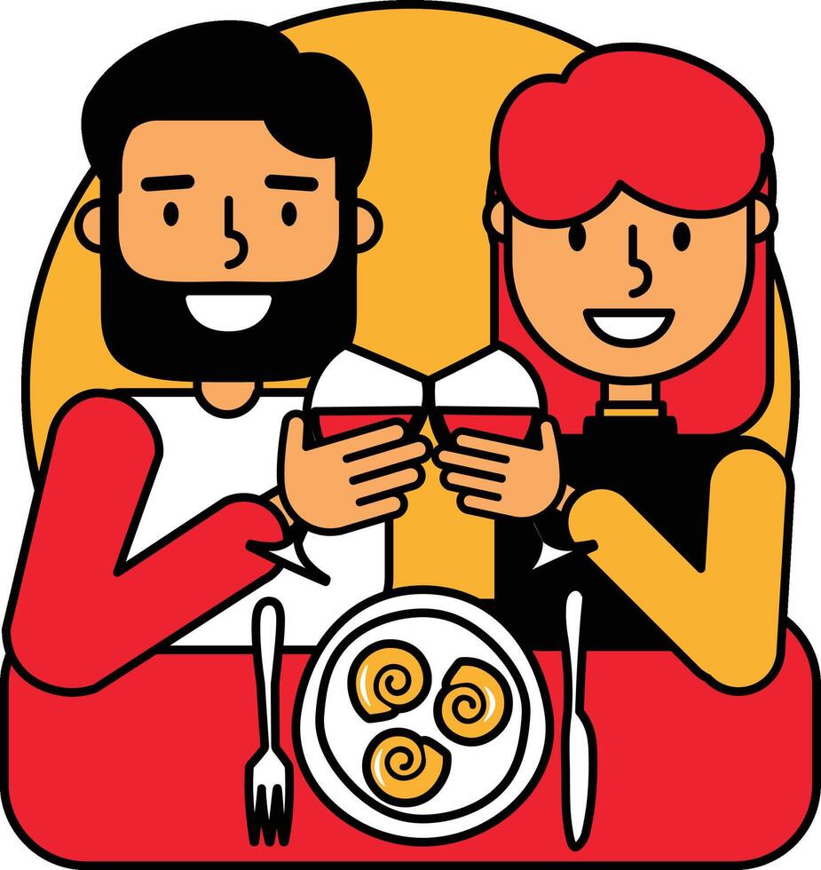 A loving couple on a date in a restaurant drinks wine and eats snails cartoon illustration vector