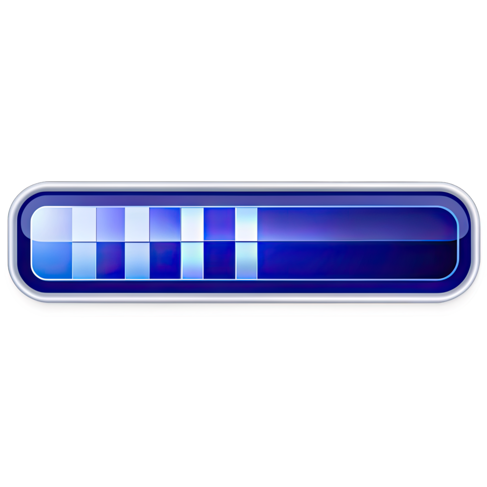 A blue progress bar isolated on transparent background. The bar is rectangular with a glossy finish and a silver border. png