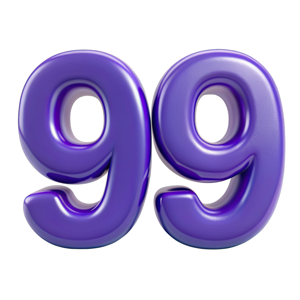 Number ninety nine rendered in a three dimensional style with a glossy purple finish on transparent background. png