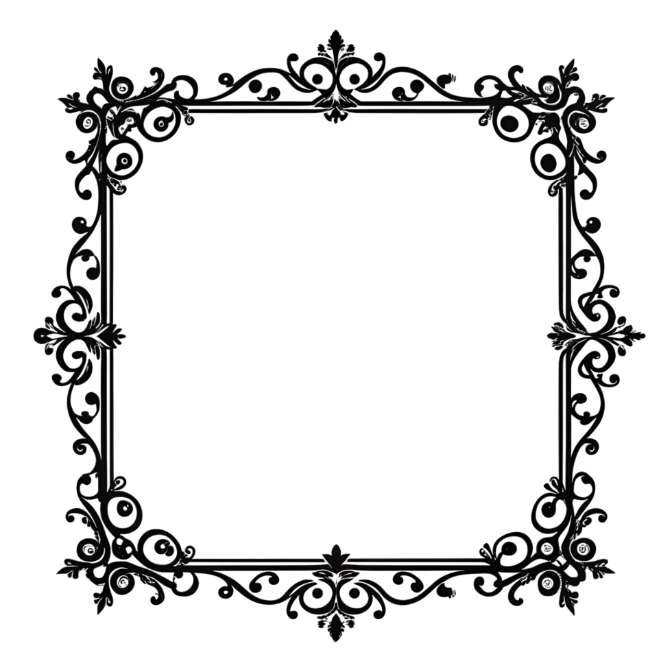 A simple, elegant square frame design with black floral motifs on transparent background. png