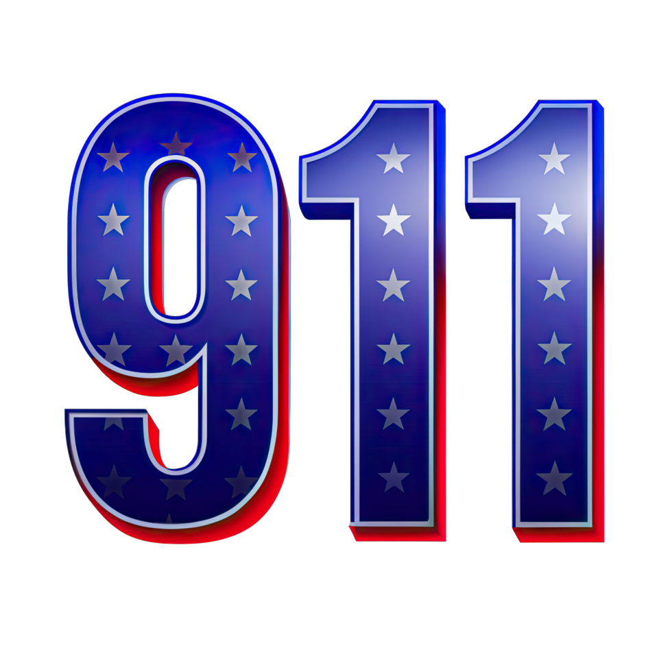 A digital rendering of the number nine one one in 3D, with a red blue color scheme. The numbers are adorned with a pattern of white stars on a transparent background. png