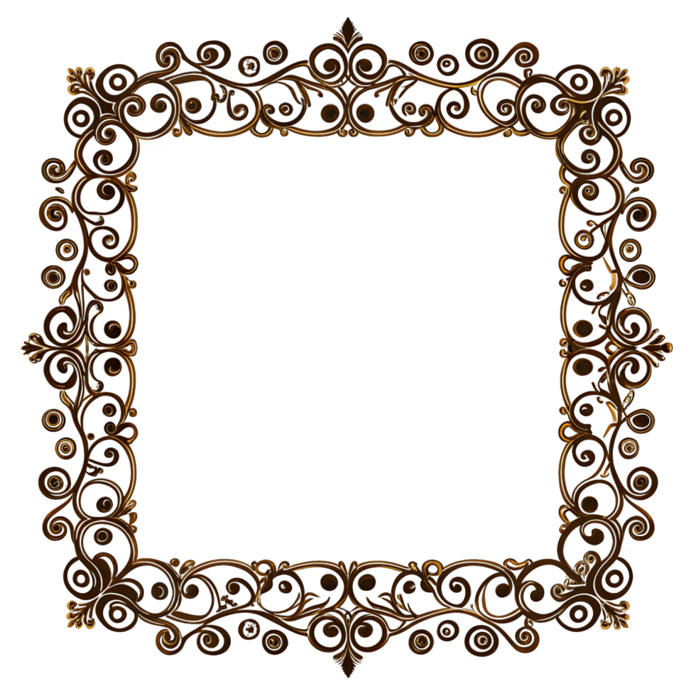 Square border frame design featuring intricate golden floral patterns on transparent background. png