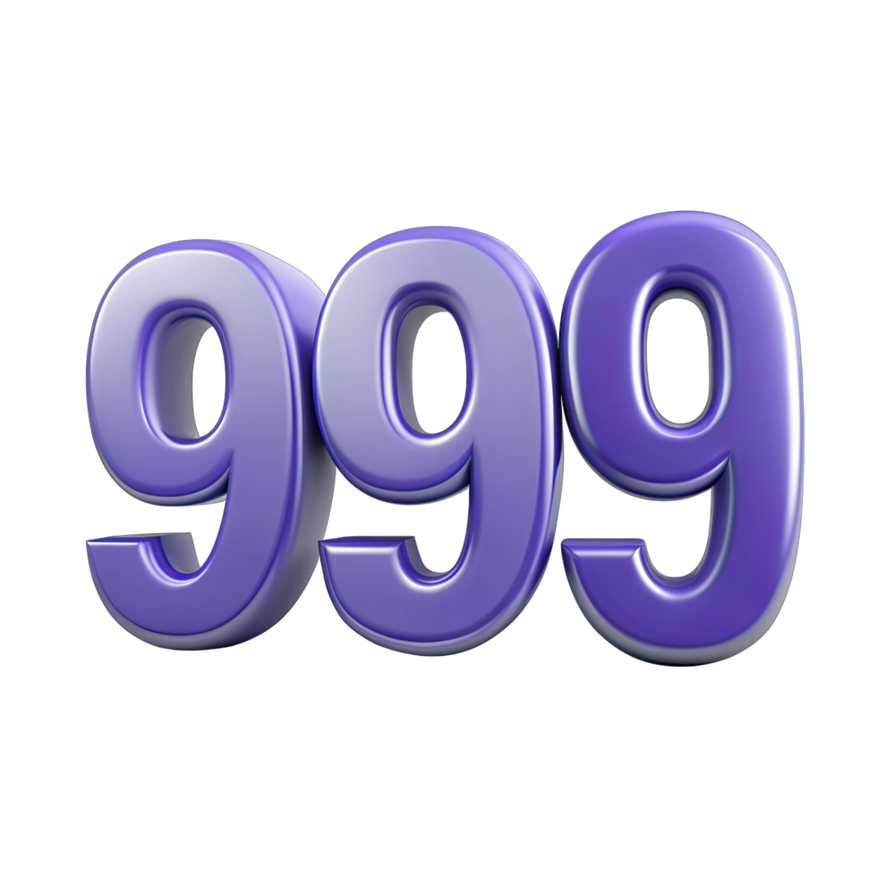 the number of 999 is isolated on transparent background in three dimensional shape and presented in a bold, purple hue. png