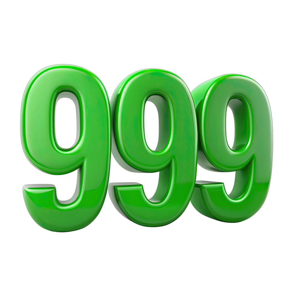 Close up of the number triple nine is rendered in a three dimensional style. The number is a bright, vibrant green and is isolated against transparent background. png