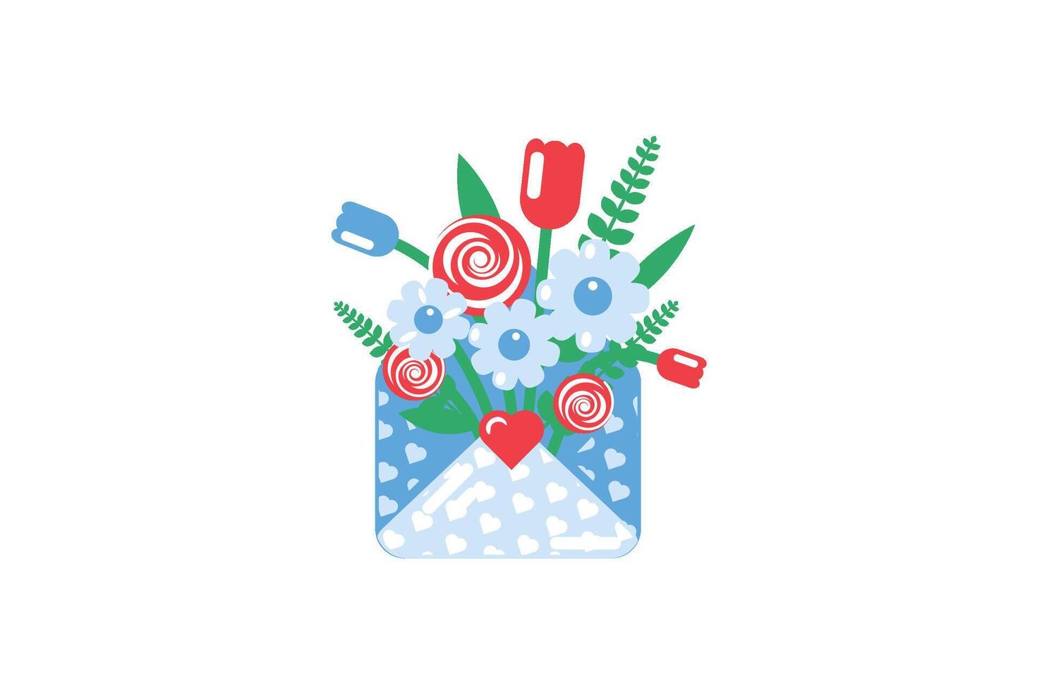Charming bouquet blooming out from an envelope in solid cartoon style vector