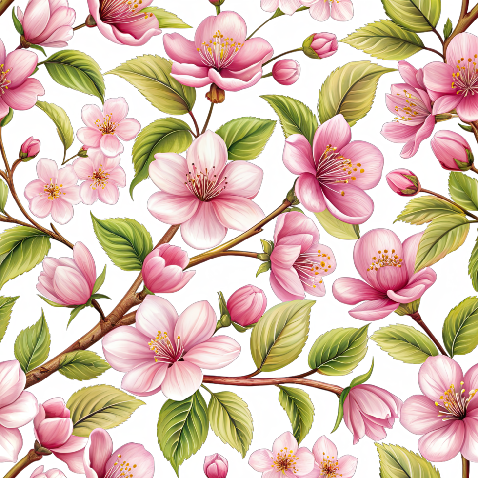 A seamless pattern featuring a pink cherry blossom branch with green leaves. floral seamless pattern. png