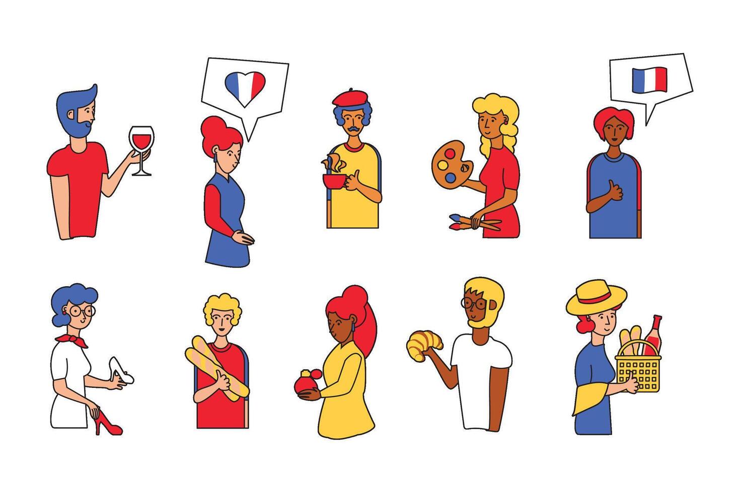 Traditional French lifestyle with characters, foodstuff, leisure and activity in an outline cartoon style vector