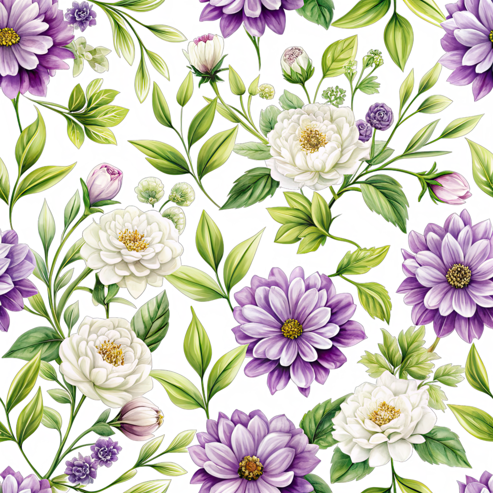 White and purple flowers seamless pattern design. The flowers are arranged in a repeating pattern, and the image has a watercolor aesthetic. png