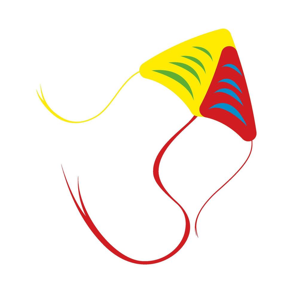 Flying kite isolated on white background with colored tail. Sankranti flyer decoration, traditional freedom breeze ceremony, icon makar, iillustration vector