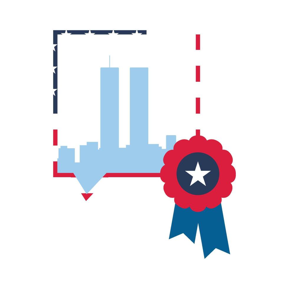 City silhouette in square speech bubble and medal with ribbon for USA patriotic holiday and event vector