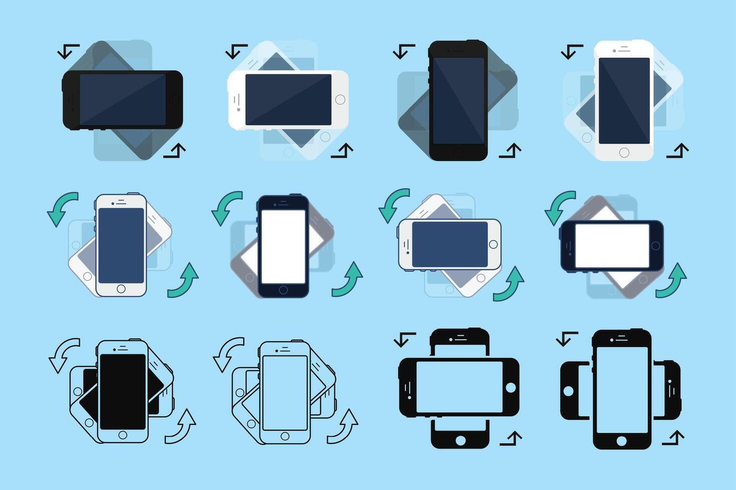 Rotate Your Phone guidance set in a flat, solid, and outline styles vector