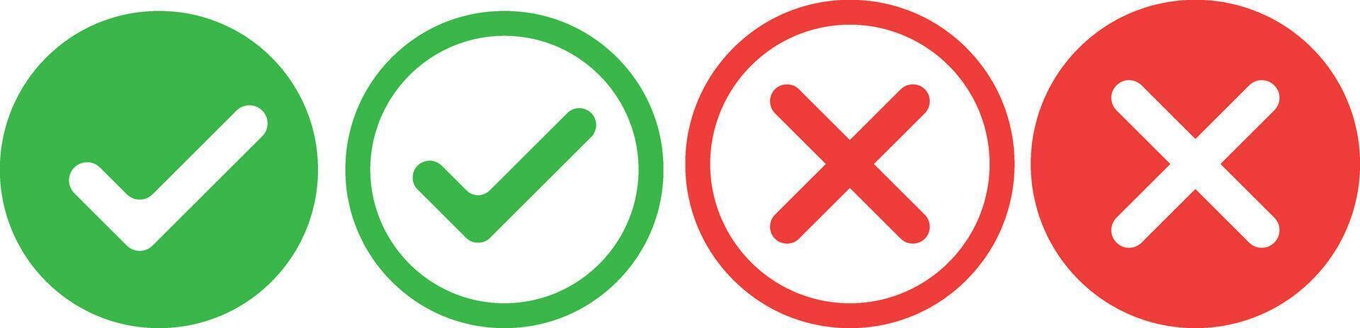 Checkmark crossmark icon set. Green check mark icon and red cross mark icon set. Check mark with right and wrong sign. Tick and cross icon set. Green check button and red wrong button. vector