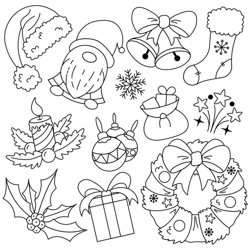 Cute hand-drawn Christmas doodle set icons. Ideal for coloring books, stamps, invitations, and others. vector