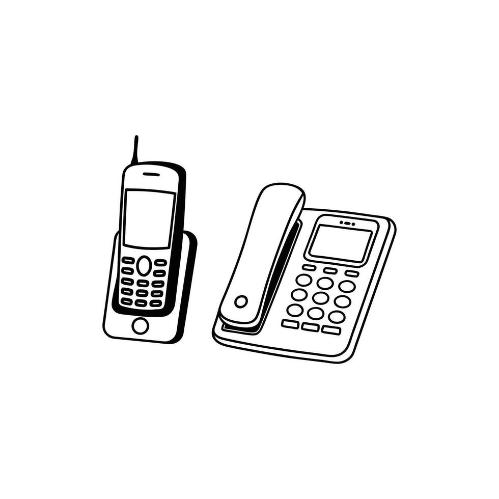A black and white drawing of a phone and a phone vector