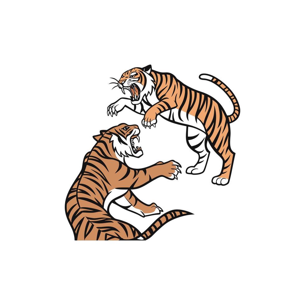 Two tigers fighting on a white background vector