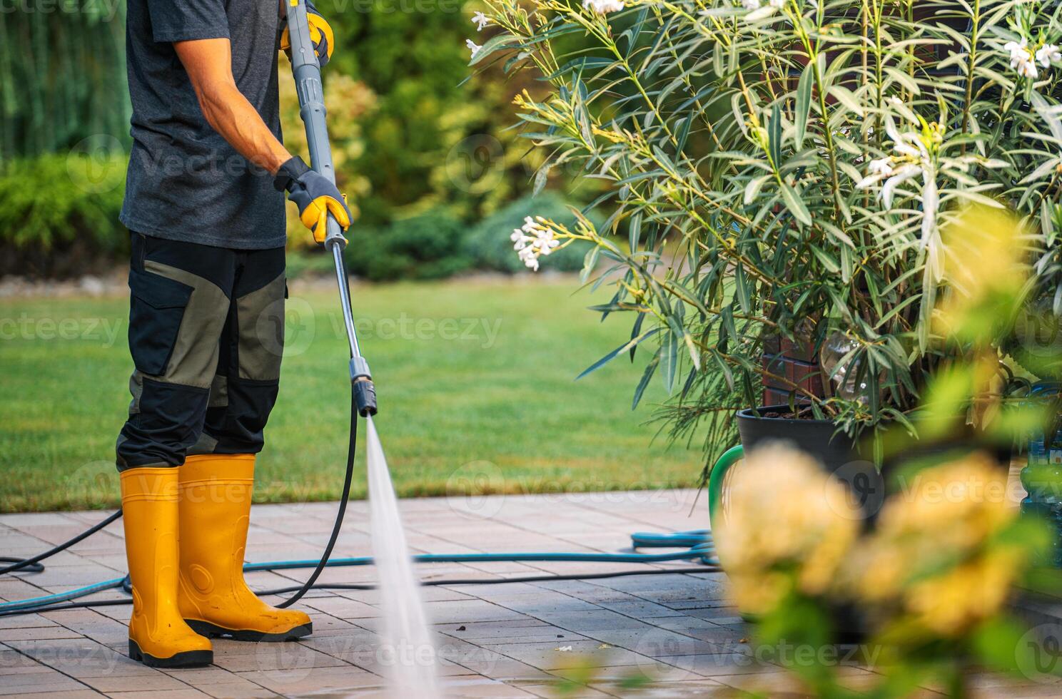 Person Cleaning Patio With Pressure Washer in a Garden During Sunny Day photo