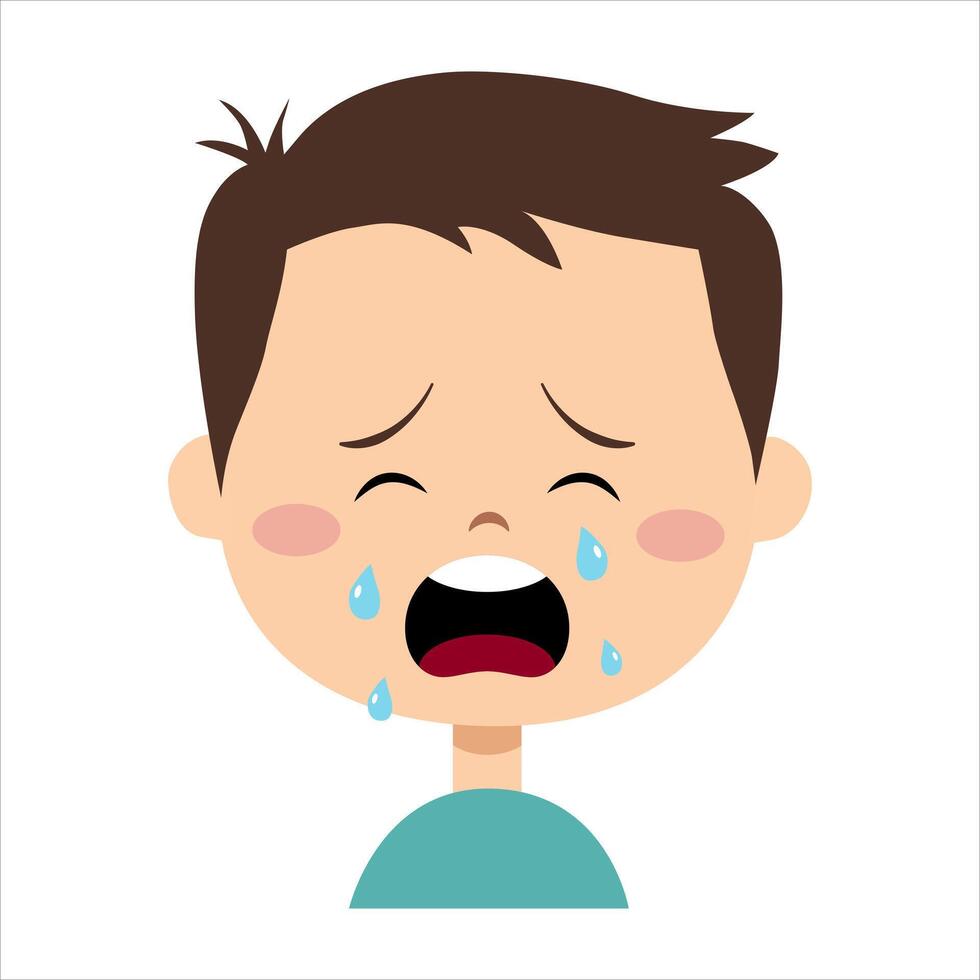 The boy is crying. Boy face with tears. Face expression sadness. vector