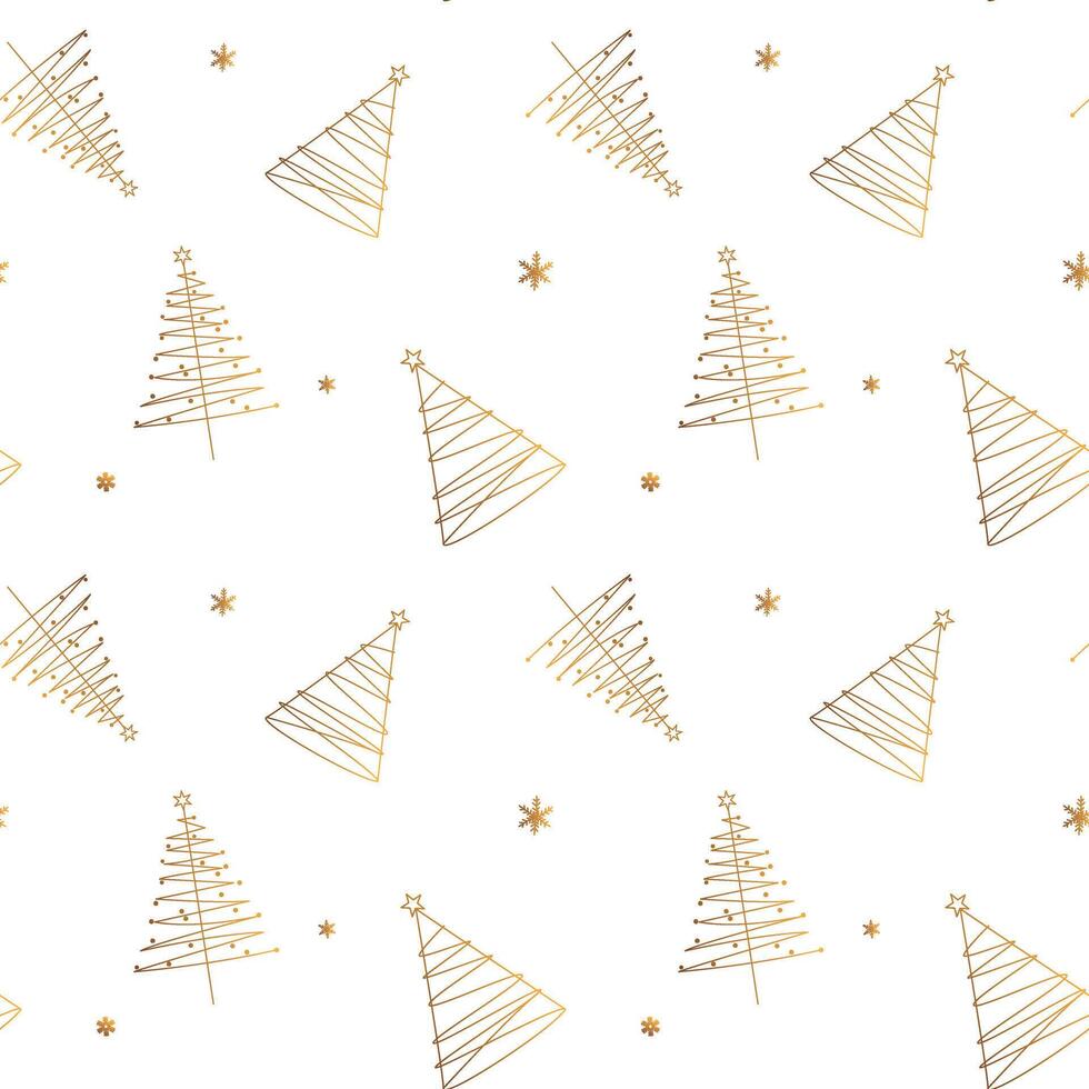 Simple minimalistic pattern with gold christmas trees and snowflakes. Christmas seamless background vector