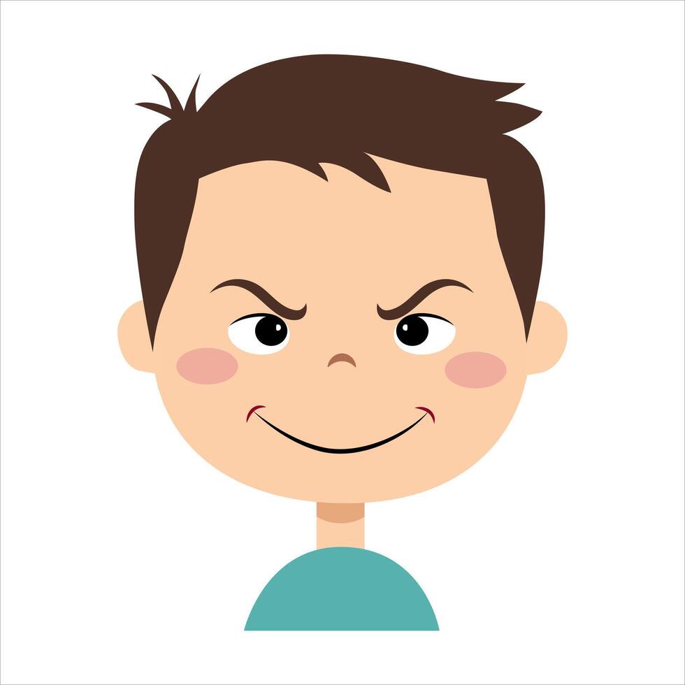 The boy is cunning. Boy face with emotion of conspiracy. Face expression. vector