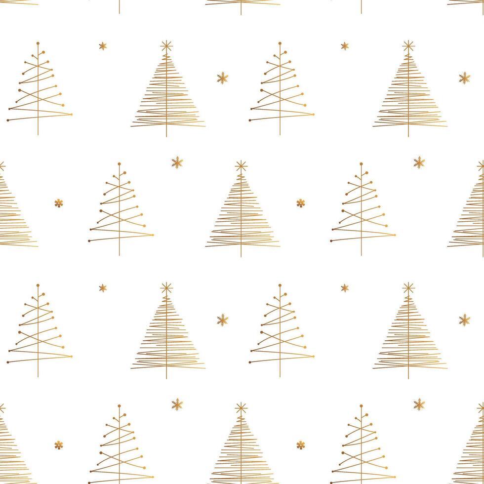Gold christmas tree seamless pattern. Simple minimalistic pattern with holiday trees and snowflakes. Christmas background vector