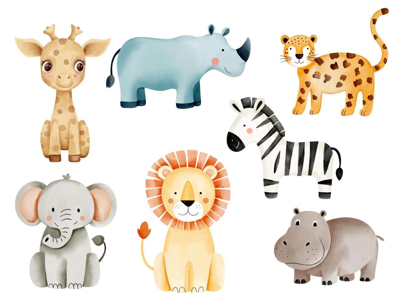 Wild jungle animals. Watercolor african zebra, giraffe, elephant, leopard, lion. Hand drawn safari animals set. vector