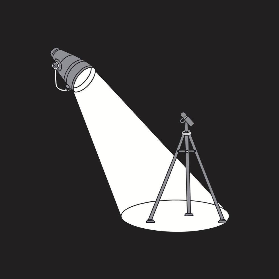 A black and white illustration of a tripod and a light vector