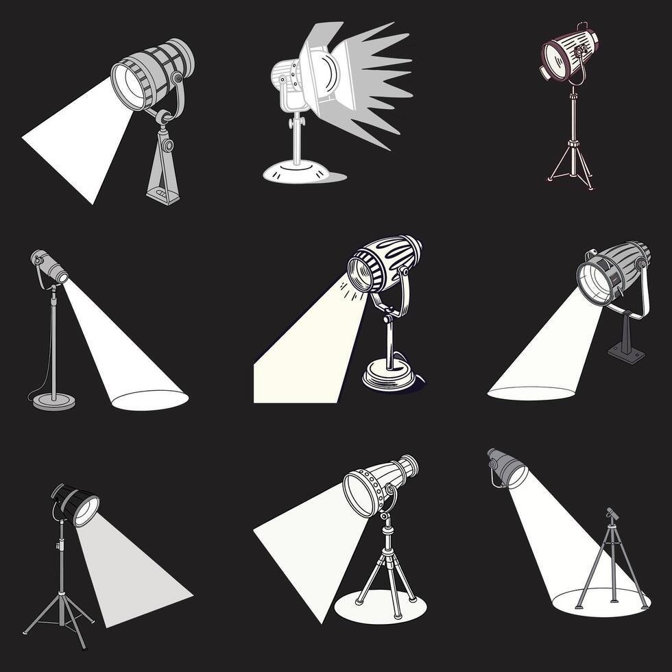 Various types of lighting equipment on a black background vector