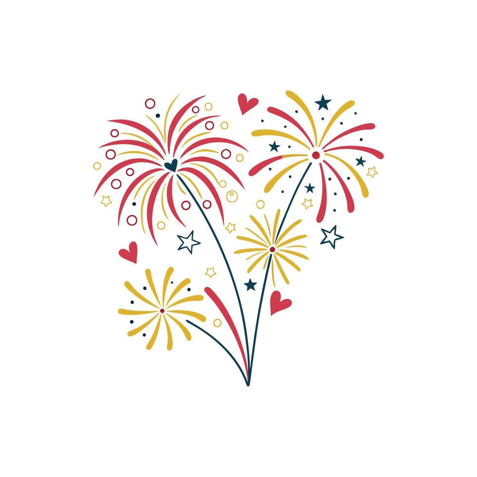 Fireworks with hearts and stars on a white background vector
