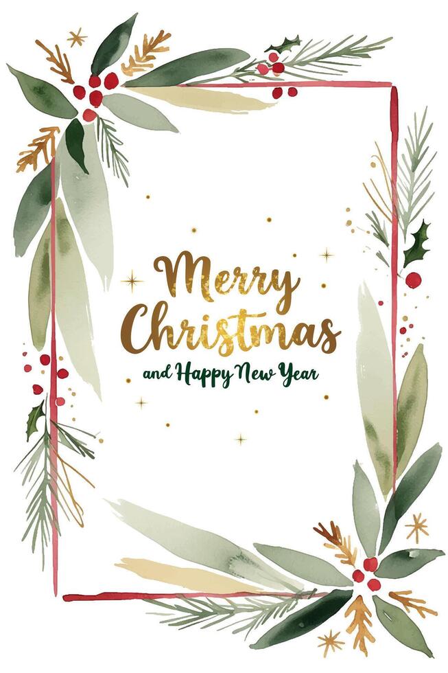 Christmas card with fir branches, watercolor splashes and golden text. Xmas frame. Winter background vector