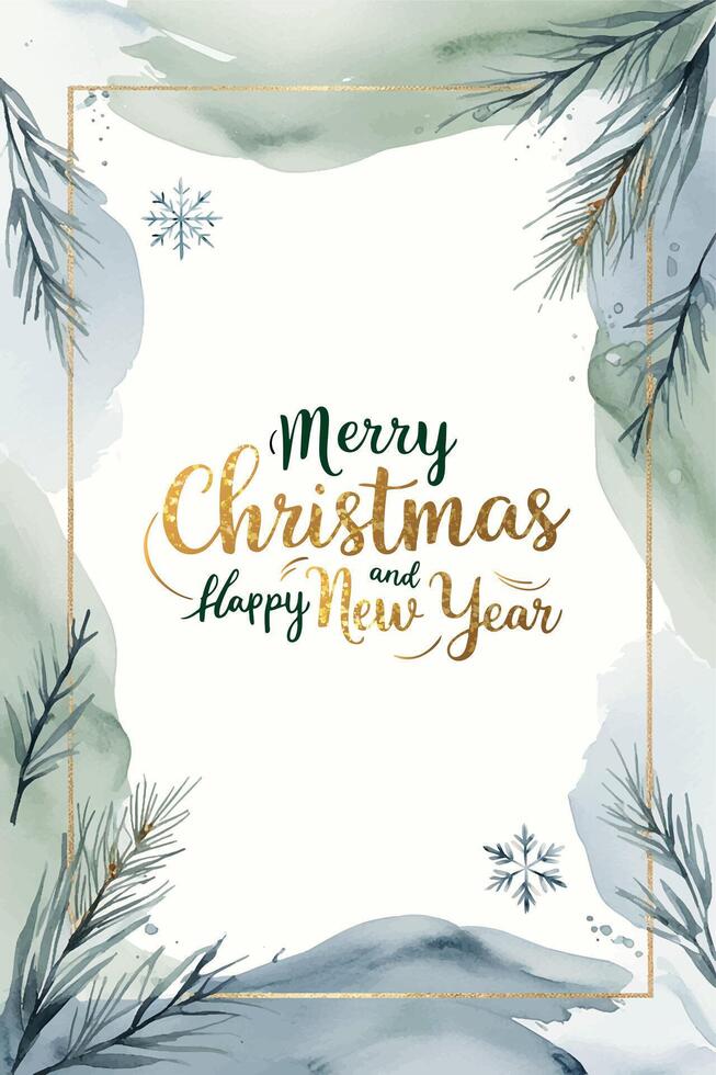 Christmas card with fir branches, watercolor splashes and golden text. Xmas frame. Pastel winter background vector