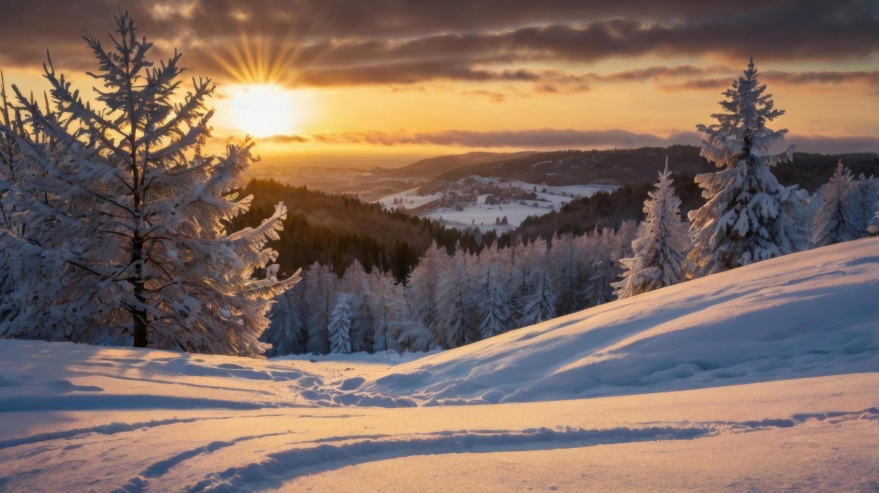 winter landscape at sunset, snowy road photo