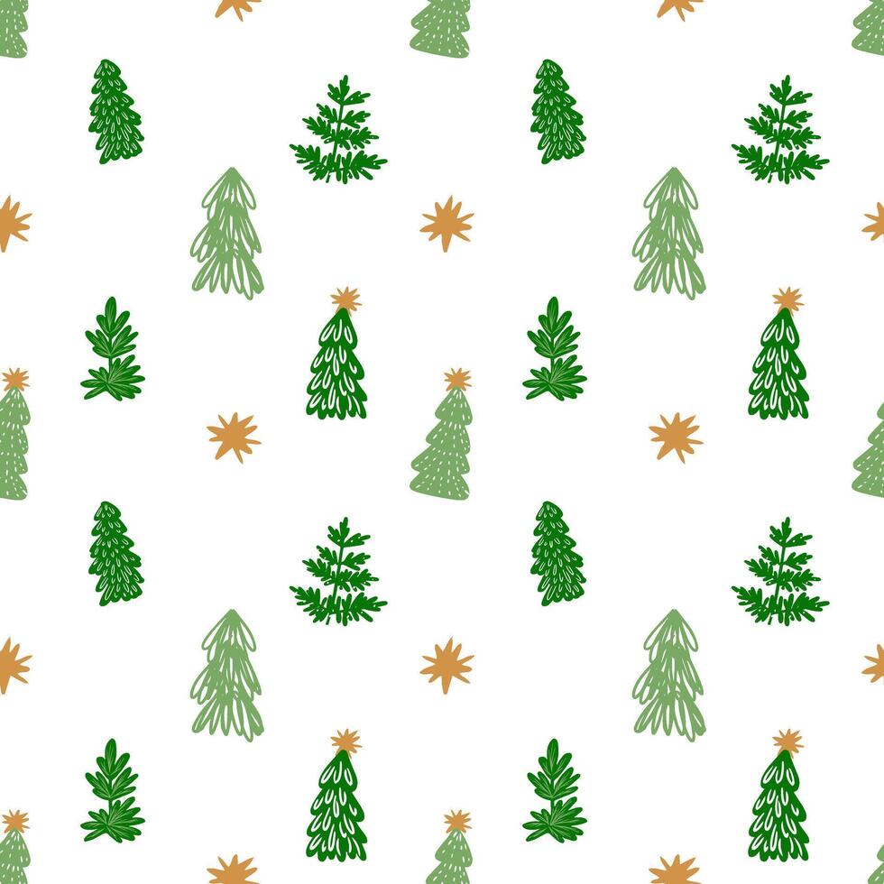 Seamless pattern primitive Christmas tree illustration. Collection of hand drawn cute decorative christmas trees isolated on white background. Design for sticker, decoration, card, poster, artwork. vector