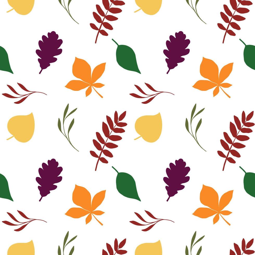 autumn green yellow red purple seamless pattern of different leaves, rowan berry, oak, chestnut, linden, birch, bright foliage botanical fall illustration, floral design, September, October background vector