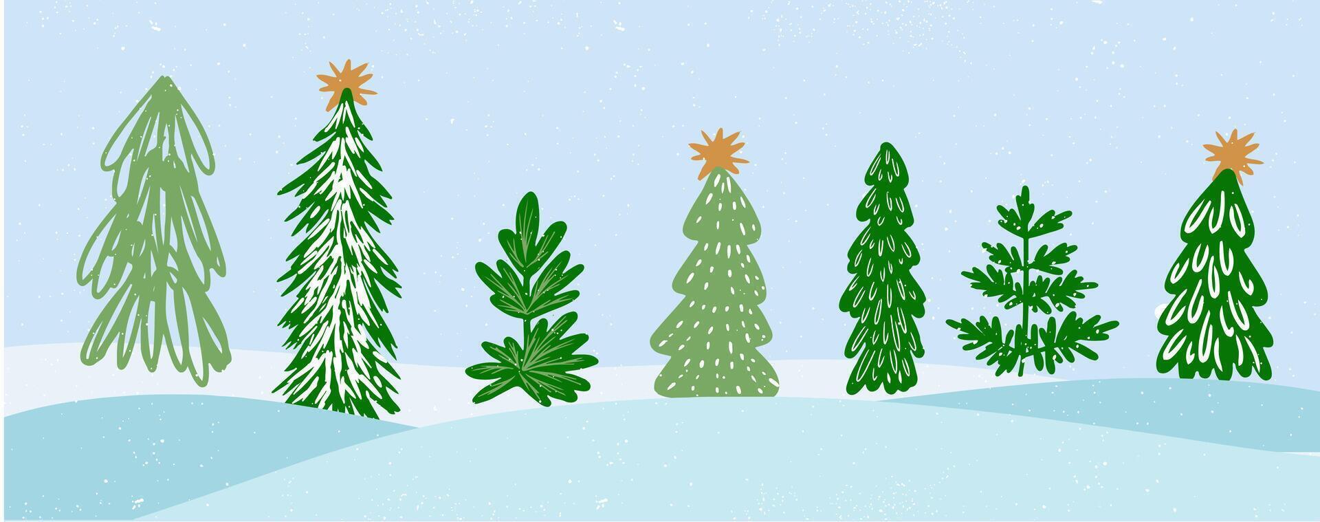Set banner Christmas tree illustration. Collection of hand drawn cute decorative christmas trees isolated on white background. Design for sticker, decoration, card, poster, artwork. vector