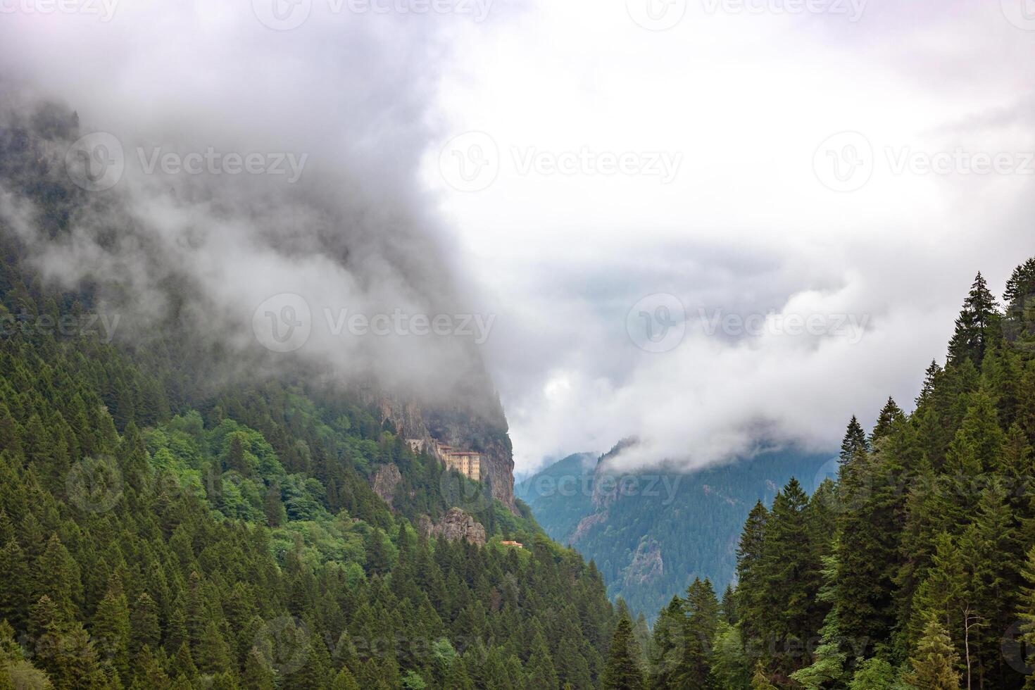 Sumela Monastery and Altindere Vallet National Park view in a foggy day photo