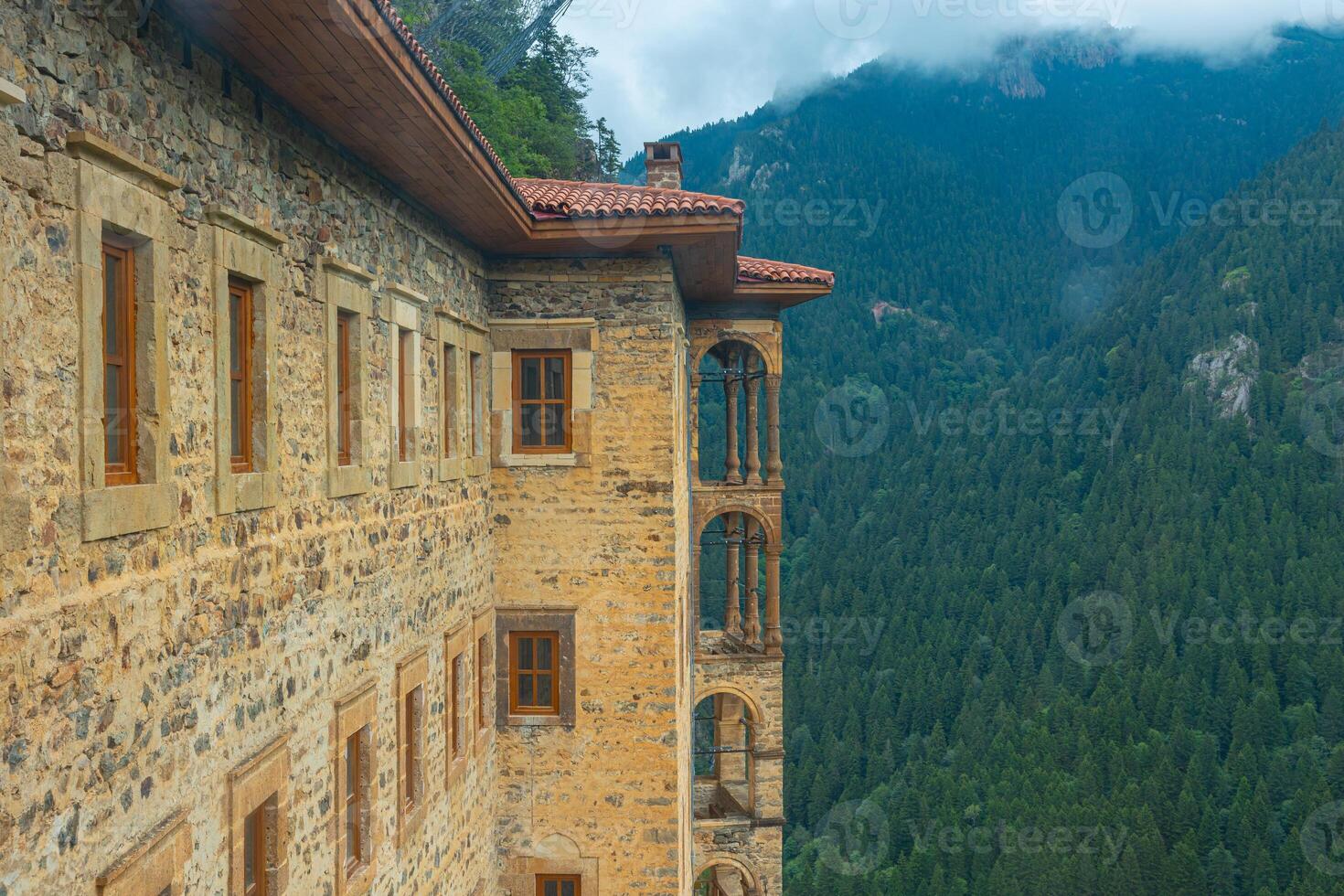 Exterior view of Sumela Monastery with landscape of the forest photo