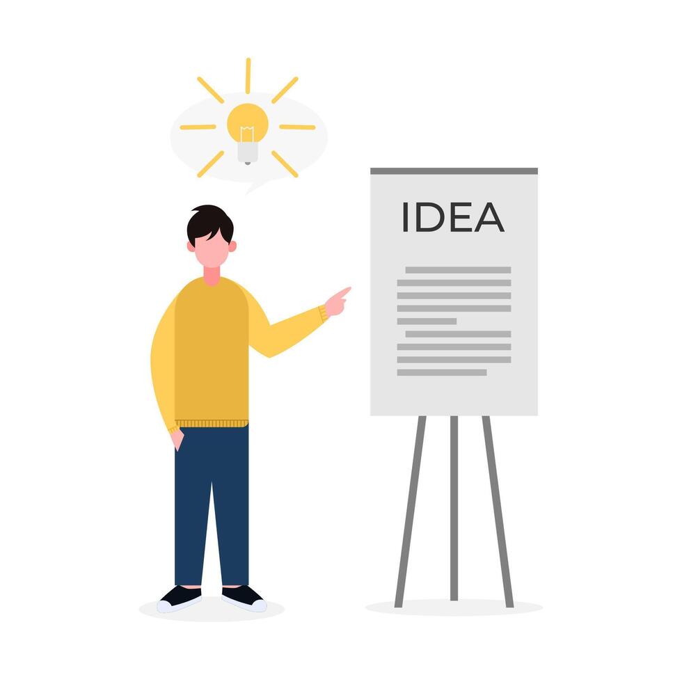 Illustration of a professional presenting ideas on a flip chart, with light bulbs representing creativity. Perfect for themes of business, innovation, teamwork, and brainstorming. vector
