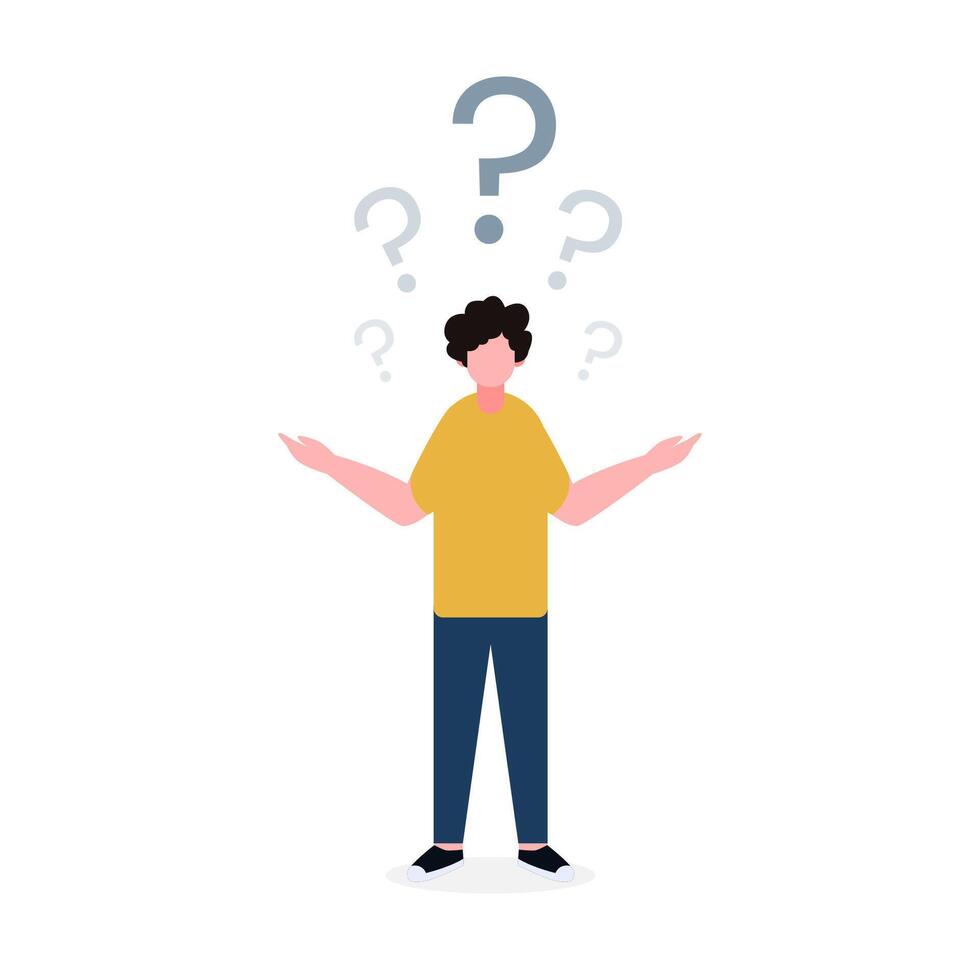 Illustration of a man surrounded by question marks, expressing confusion or uncertainty. Ideal for concepts like doubt, decision-making, or problem-solving in business and personal vector