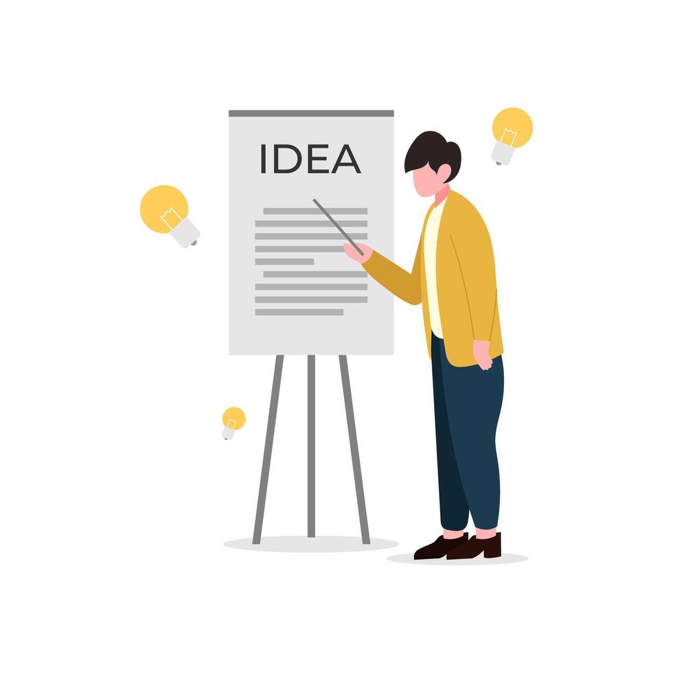 Illustration of a professional presenting ideas on a flip chart, with light bulbs symbolizing creativity. Ideal for business, innovation, teamwork, and brainstorming concepts vector