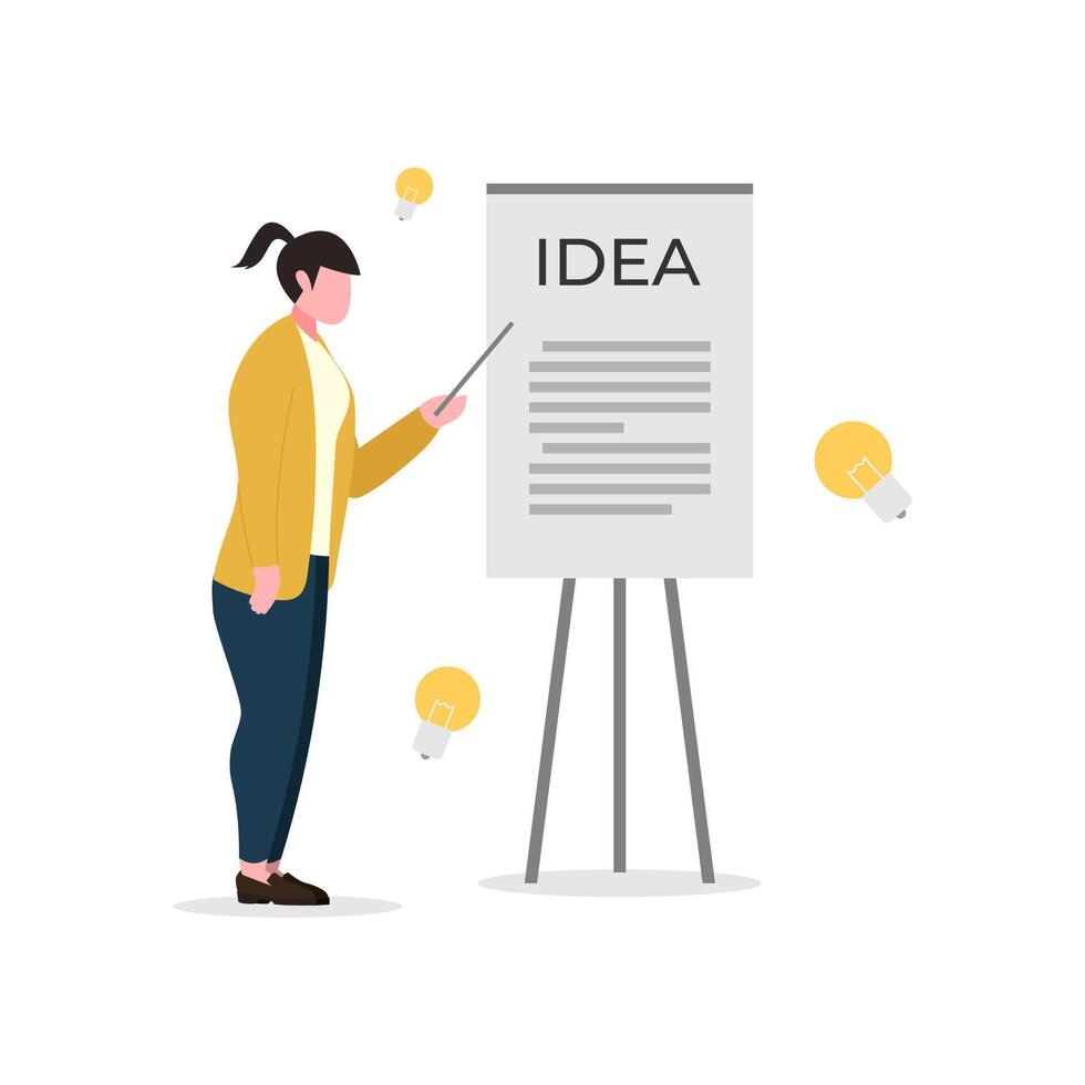 A businesswoman presenting ideas on a flip chart, with light bulbs symbolizing creativity and brainstorming. Ideal for innovation, teamwork, and business discussions. vector