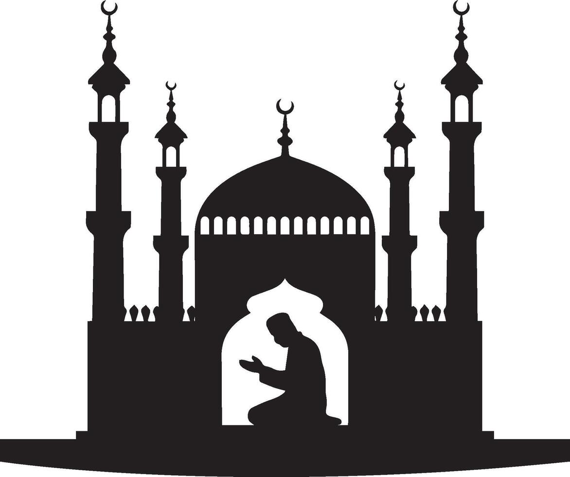 Silhouette of a man praying in front of a mosque vector