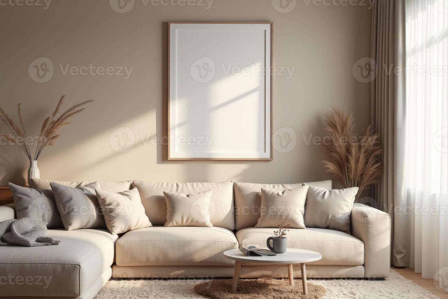 A living room with a couch, coffee table and a picture frame photo