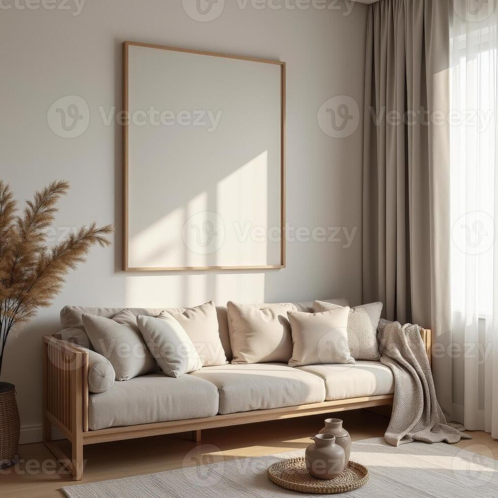 A living room with a sofa, a window and a picture frame photo