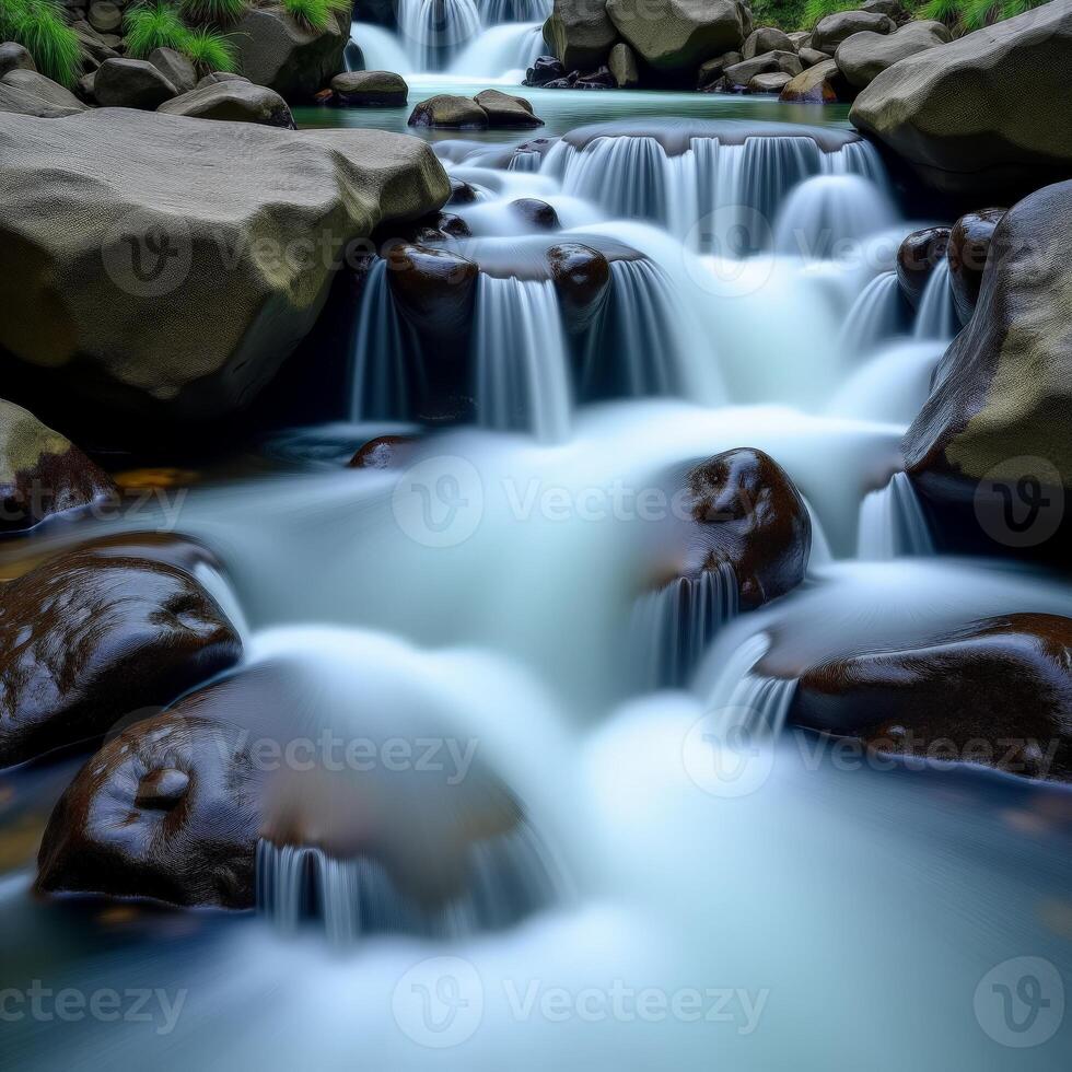 A waterfall flowing over rocks in a forest photo