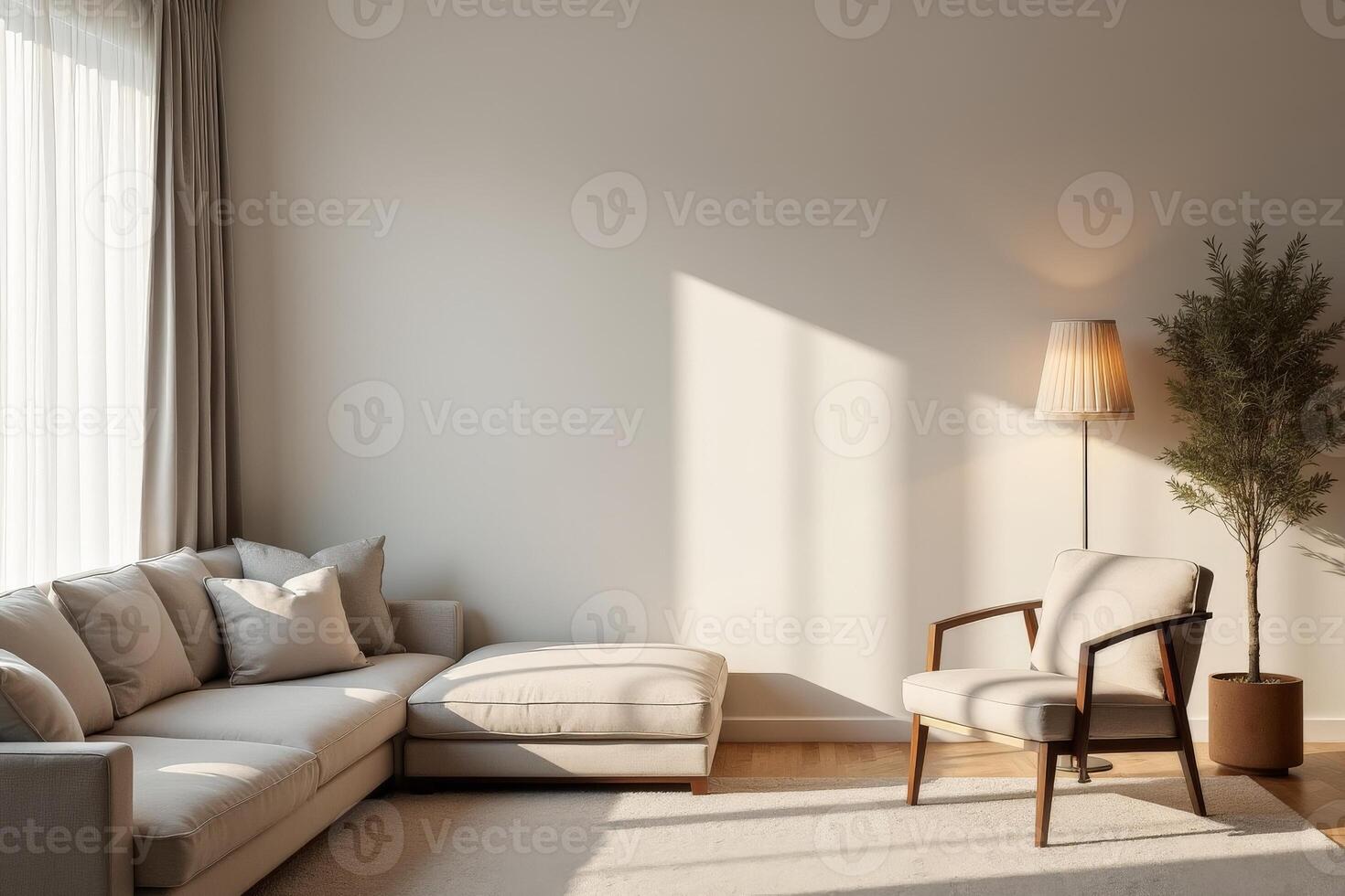 A living room with a couch, chair and lamp photo