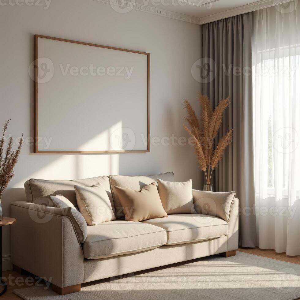 A living room with a sofa, window and a picture frame photo