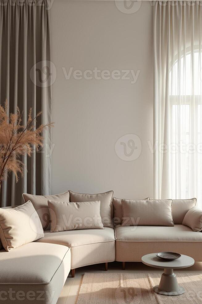 A living room with a sofa, a table and a plant photo