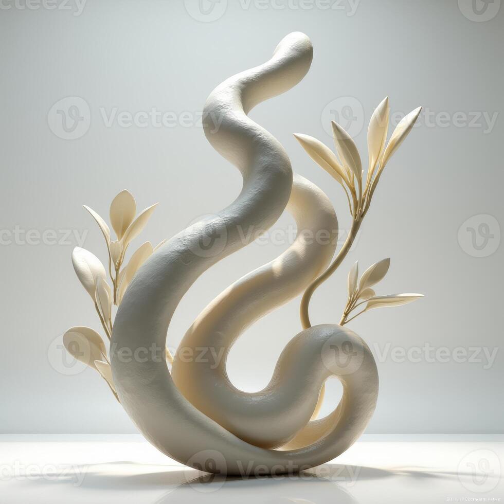 A white sculpture of a snake with leaves photo